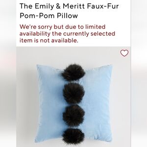 NWOT Blue Velvet PB Teen throw pillow w faux fur black pom poms, 18" square